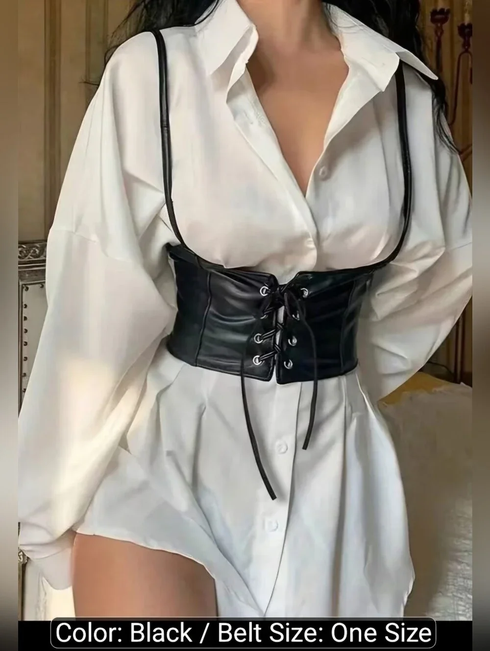 Black Lace Up Corset Style Faux Leather Belt Waist Cincher One Size